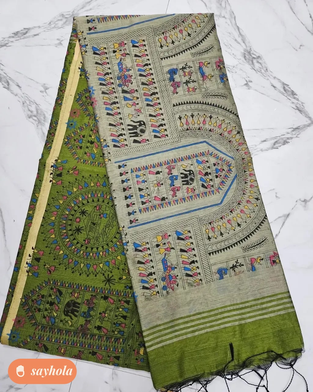 cotton silk saree with madhubani print