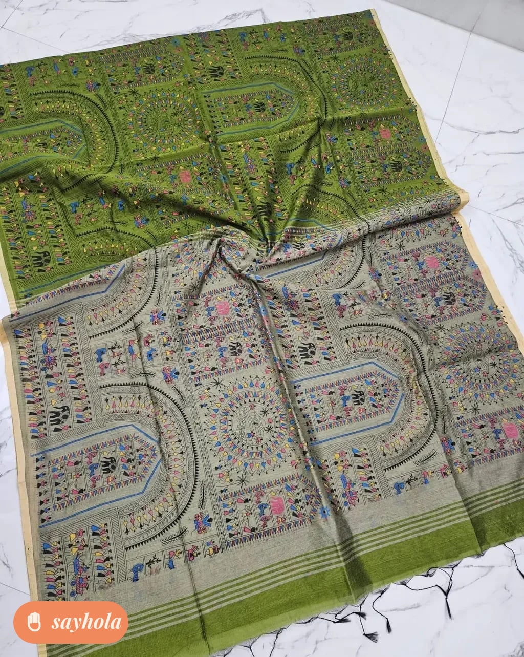cotton silk saree with madhubani print