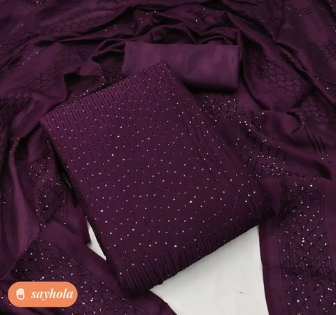 purple stripe embellished chanderi cotton suit fabric