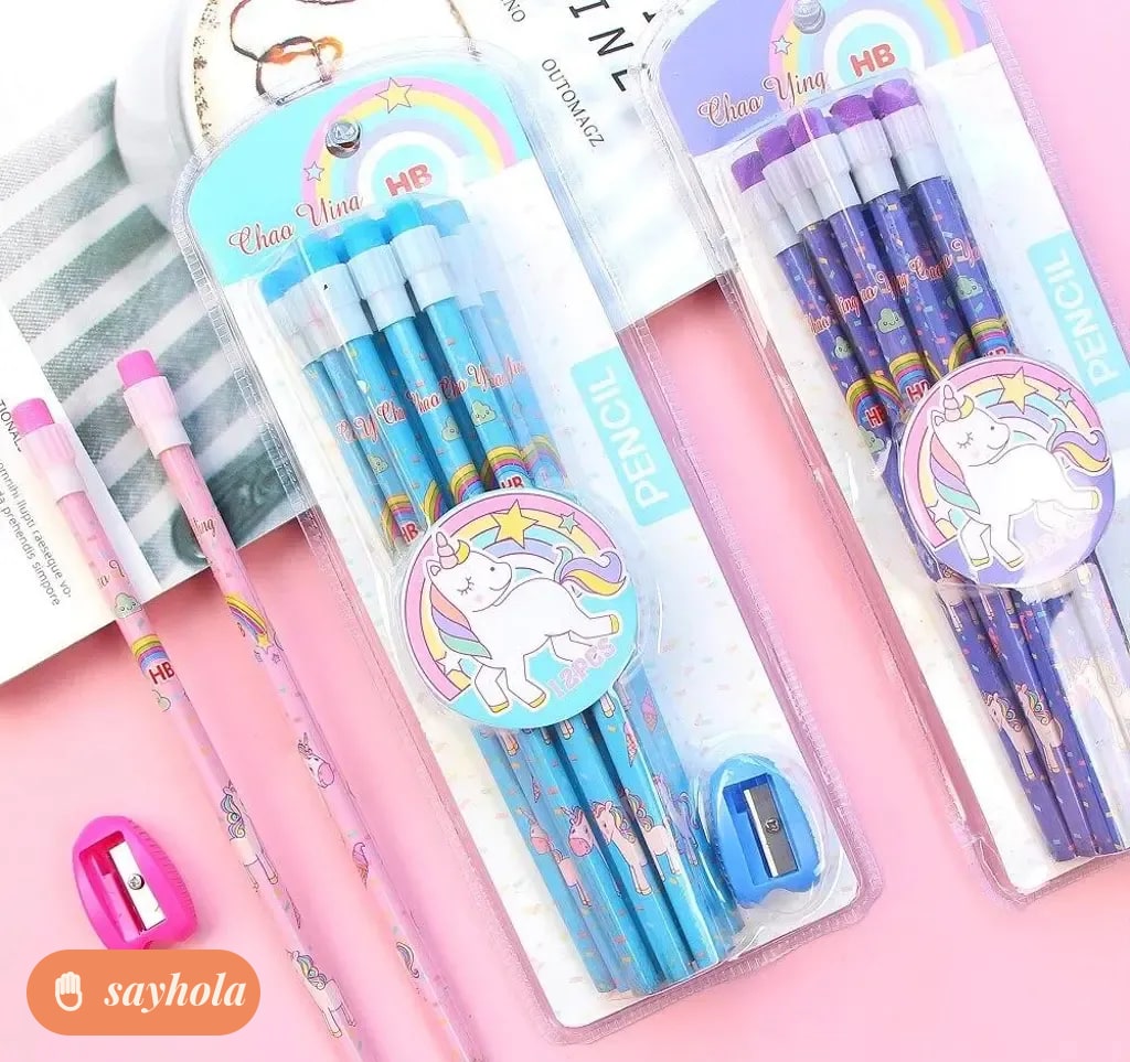 set of 12 hb wooden pencils with sharpener and dessert erasers