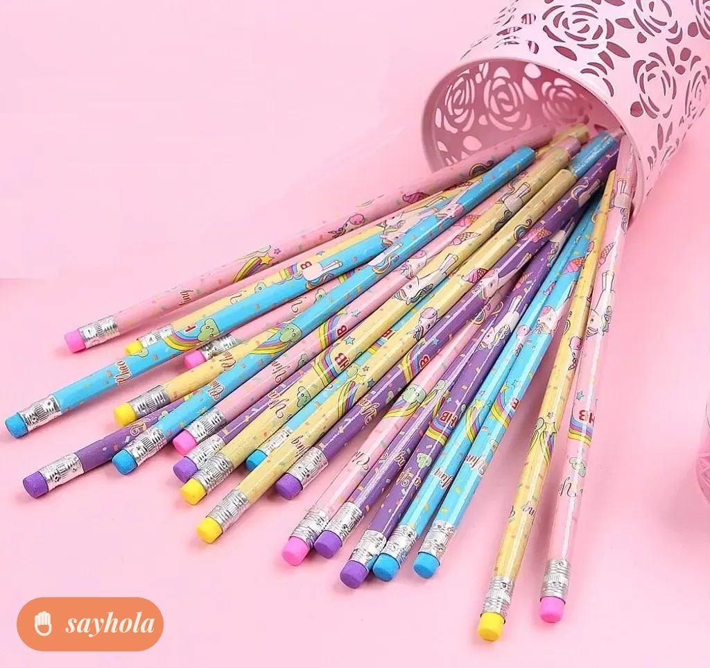 set of 12 hb wooden pencils with sharpener and dessert erasers