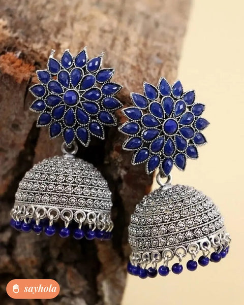 silver sunflower jhumka with blue stones