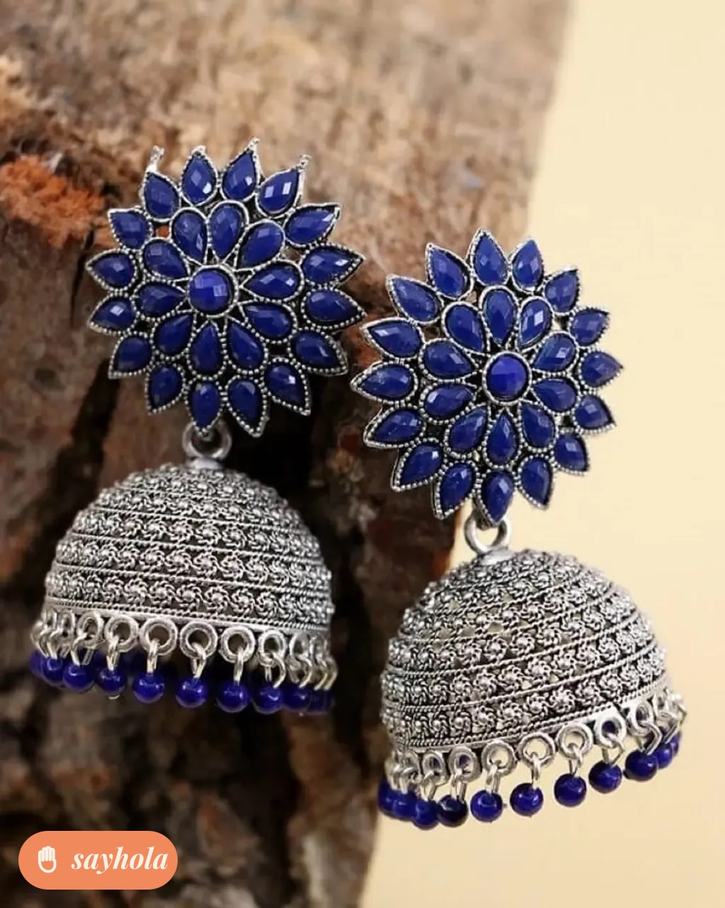 silver sunflower jhumka with blue stones