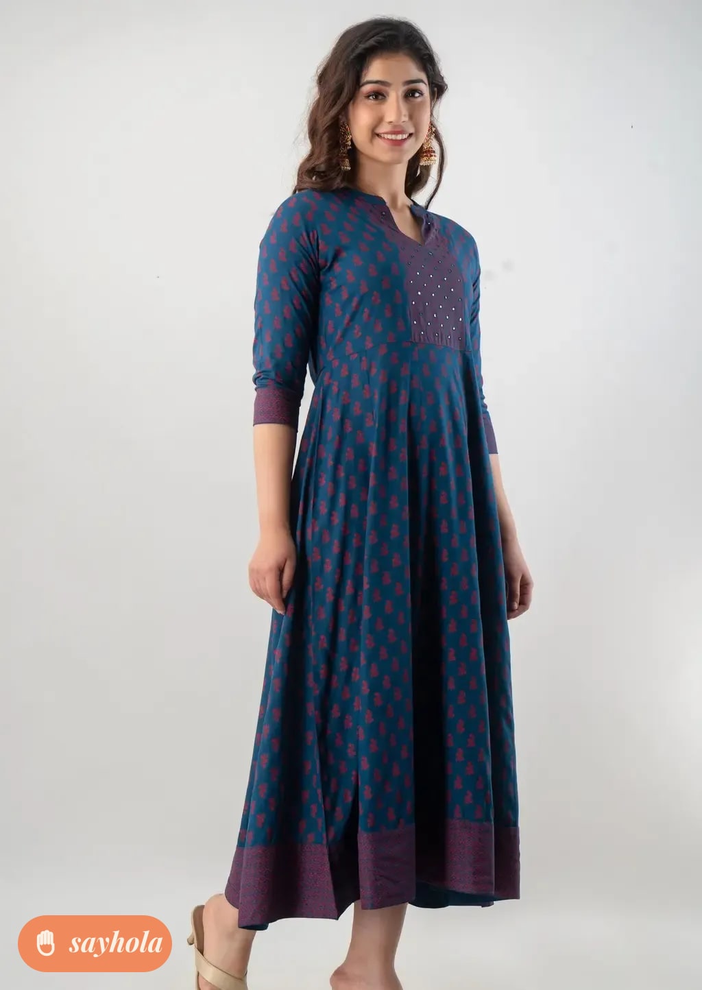 printed rayon anarkali kurta with three-quarter sleeves