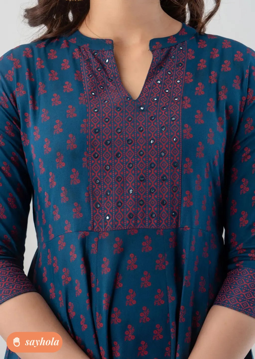 printed rayon anarkali kurta with three-quarter sleeves