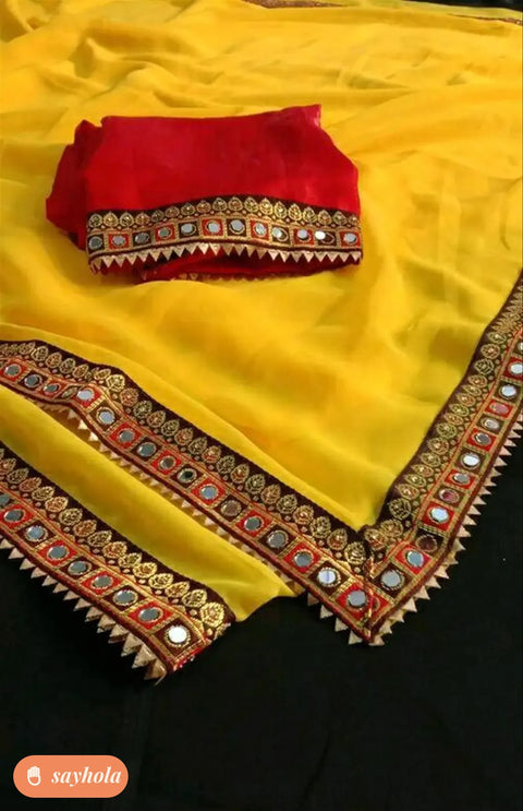yellow georgette saree with bangalori silk blouse