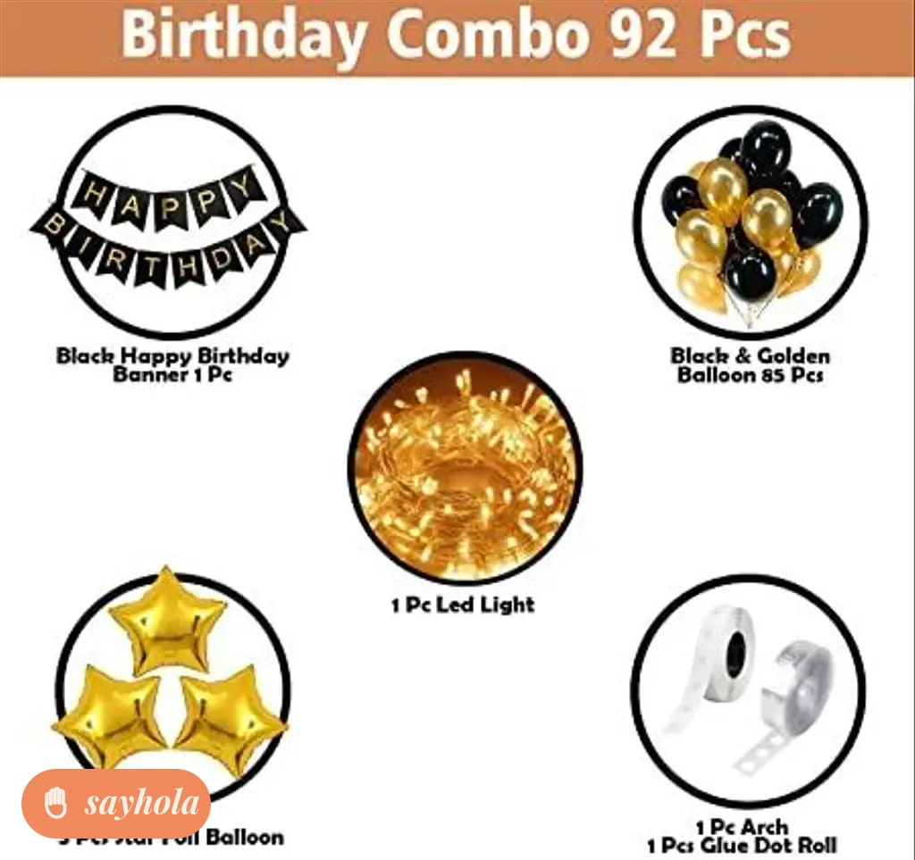 happy birthday party decor combo in black and gold