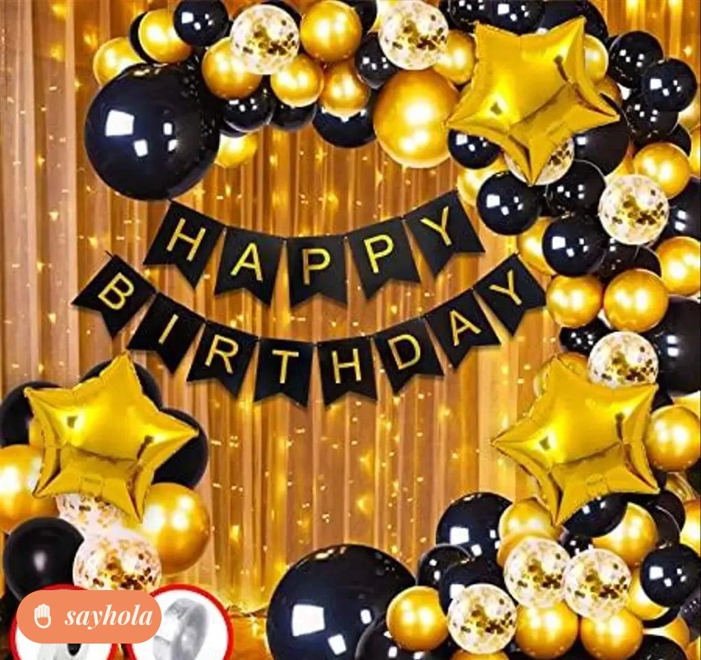 happy birthday party decor combo in black and gold