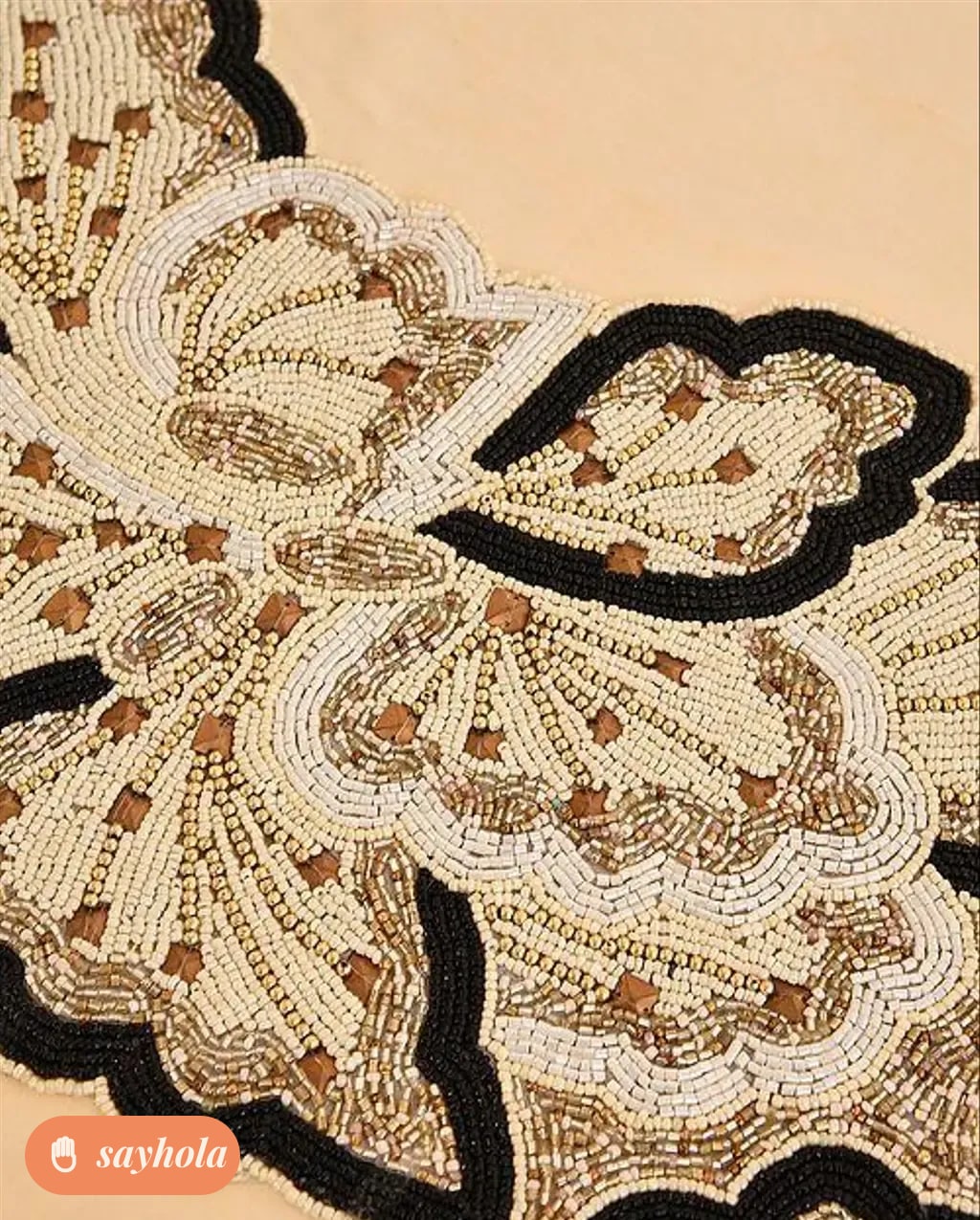 black beige beaded cotton table runner