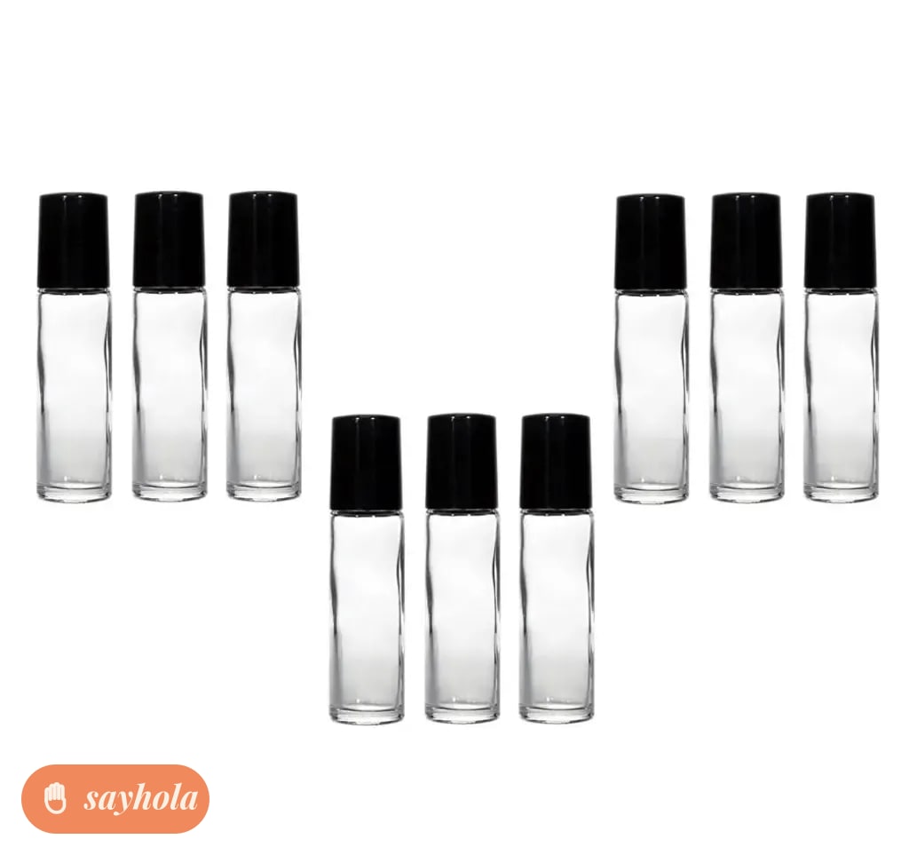 set of 9 glass roll on bottles with black caps
