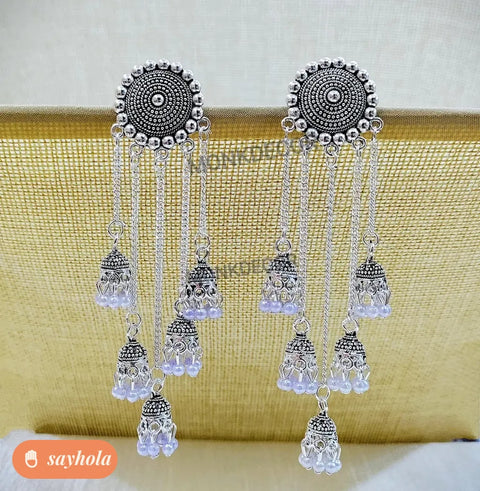 oxidised silver pearl jhumka earrings