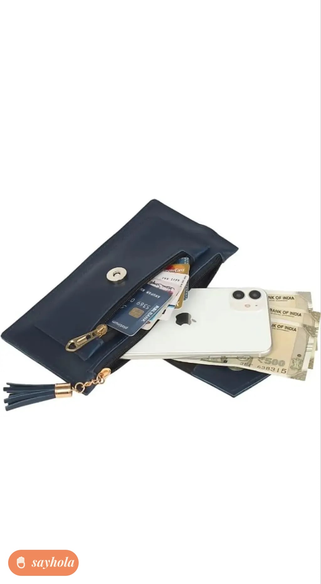 folded faux leather clutch with knotted detail