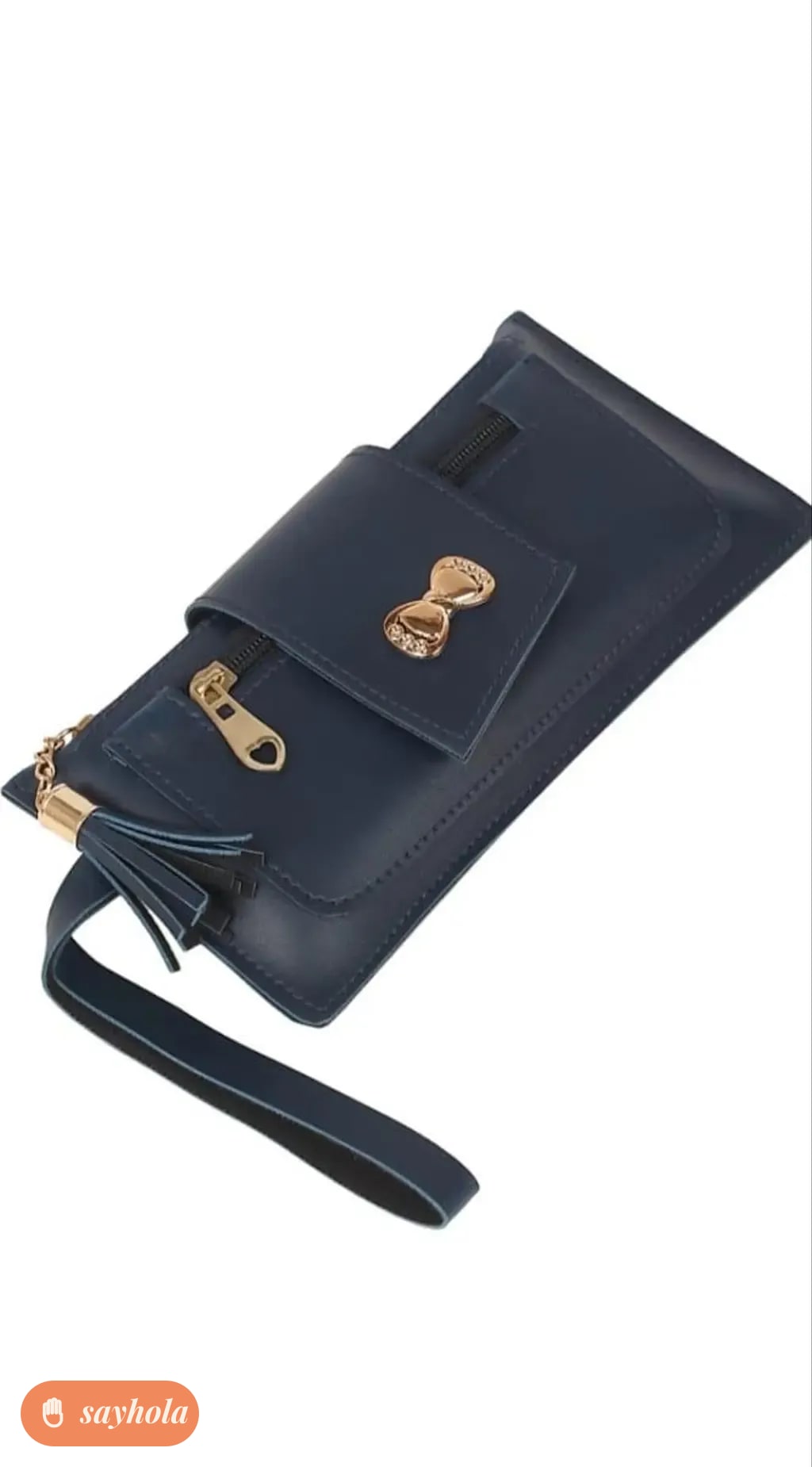 folded faux leather clutch with knotted detail