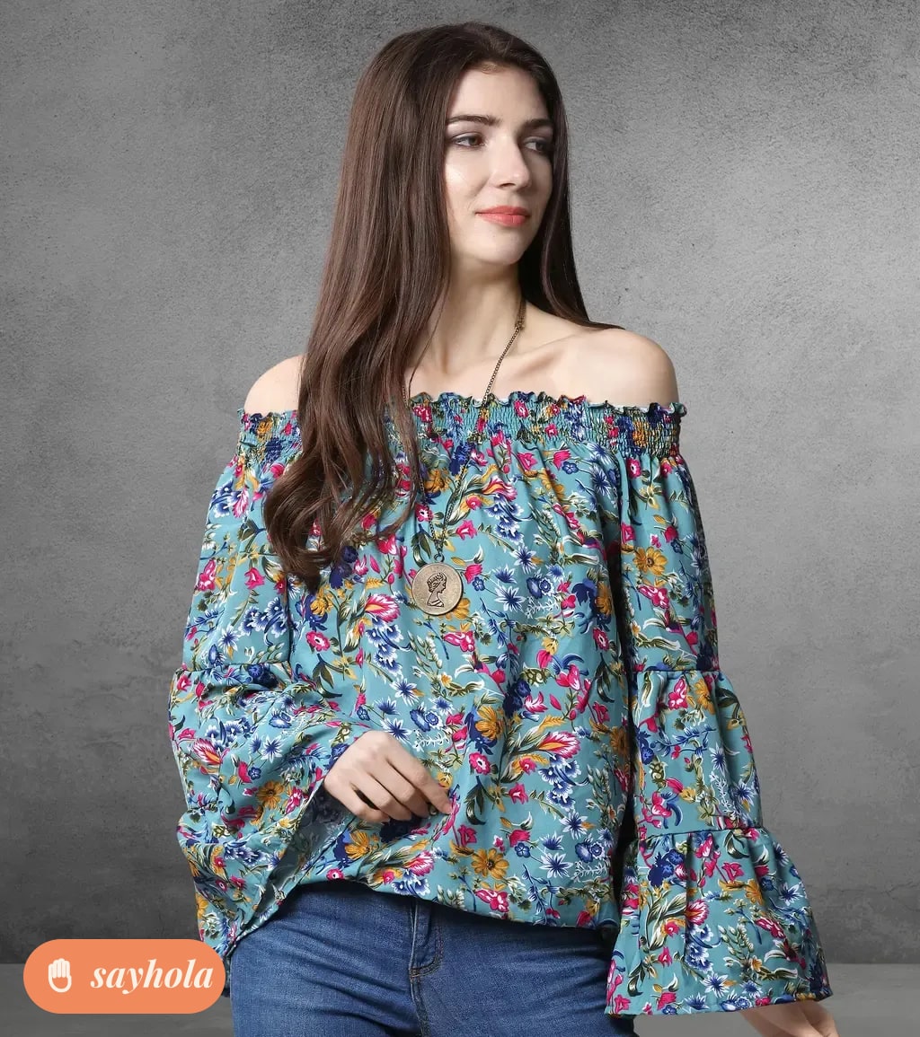 blue floral crepe top with long sleeves