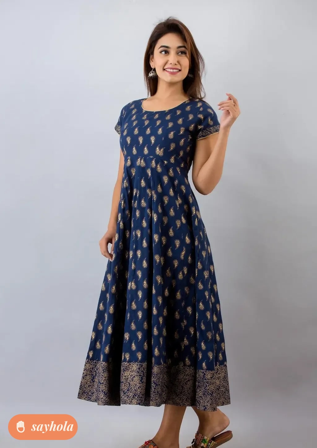 cotton paisley print anarkali kurta in navy