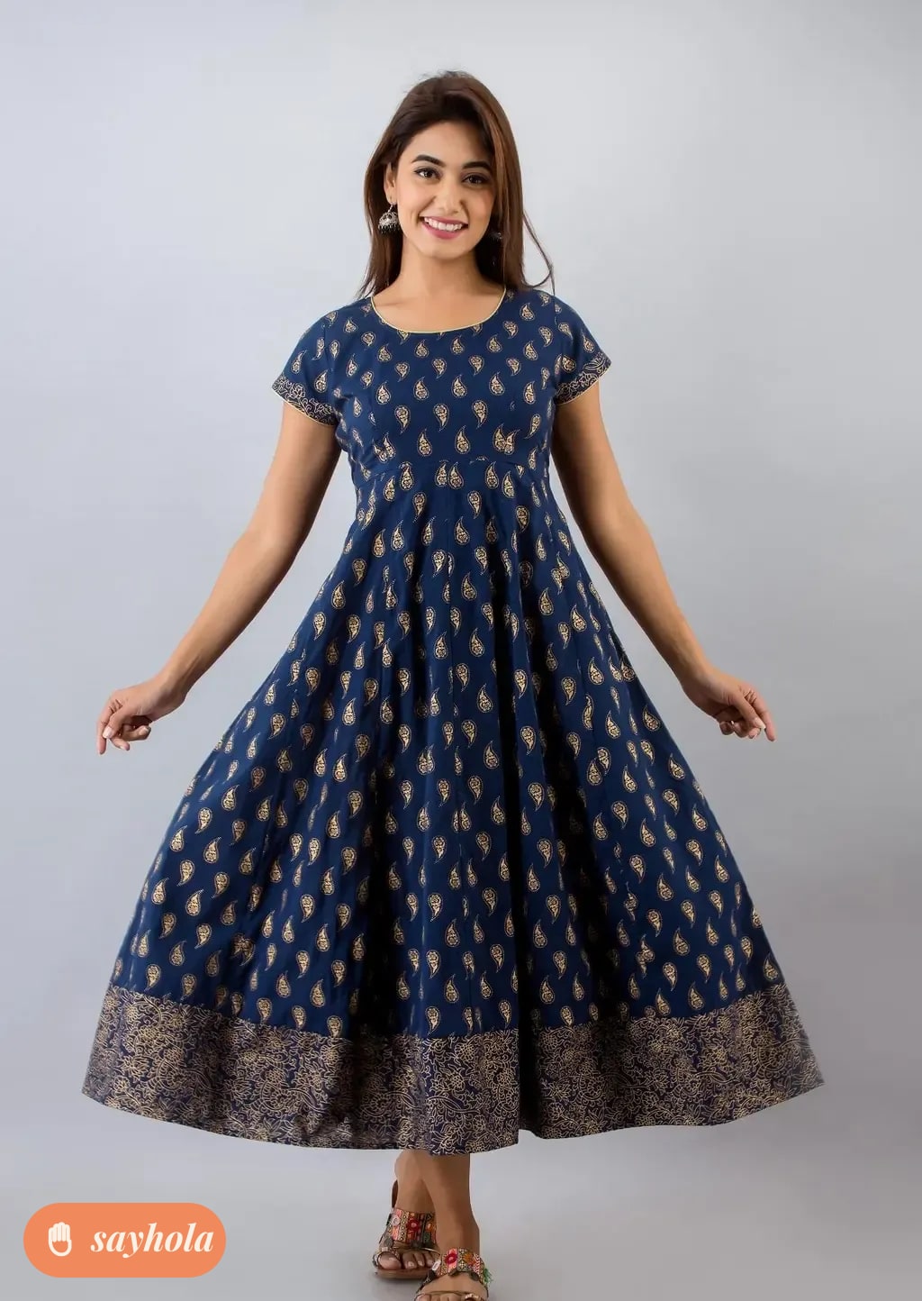 cotton paisley print anarkali kurta in navy