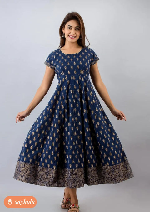cotton paisley print anarkali kurta in navy