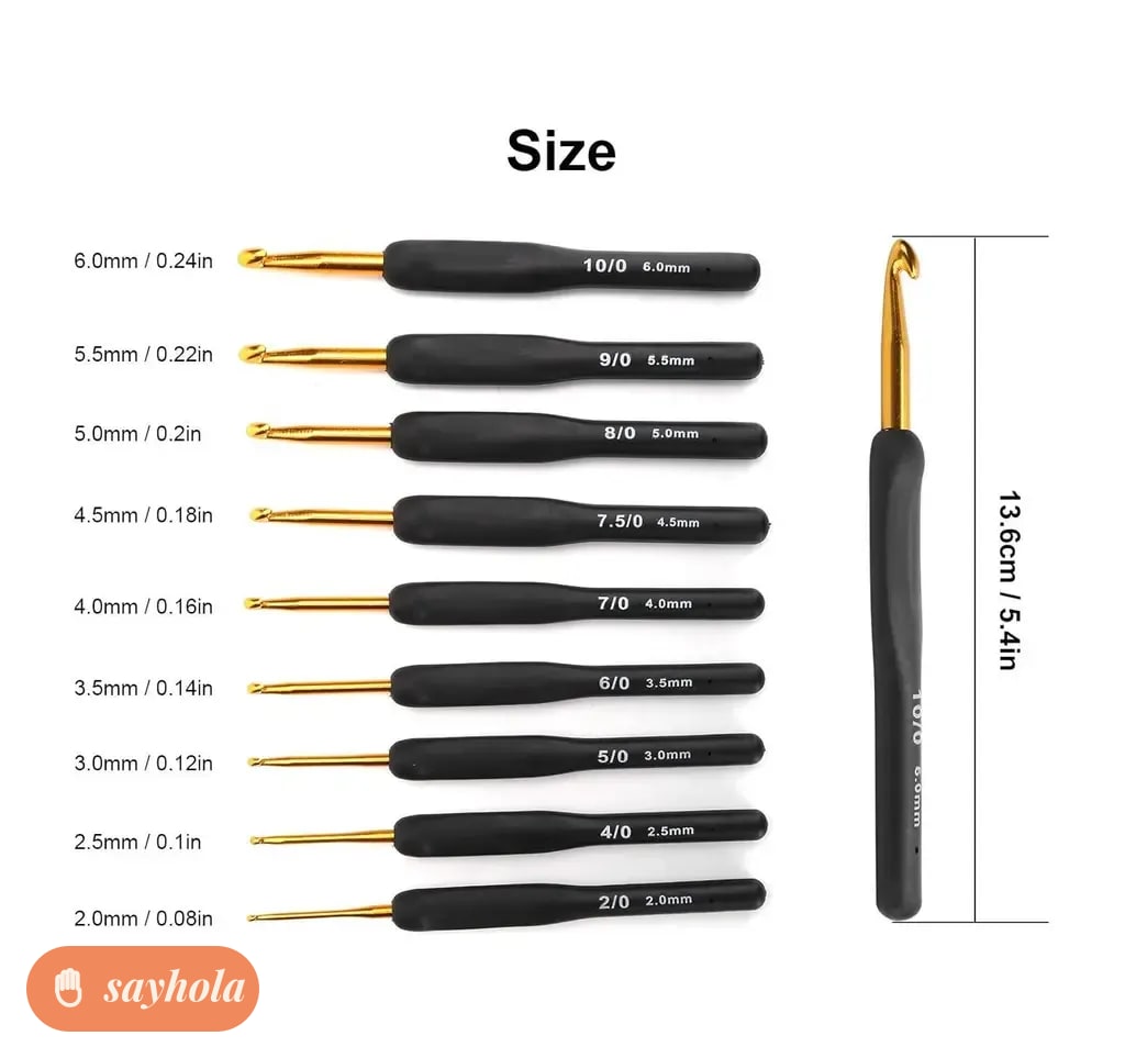 set of 9 aluminum crochet hooks with soft handles