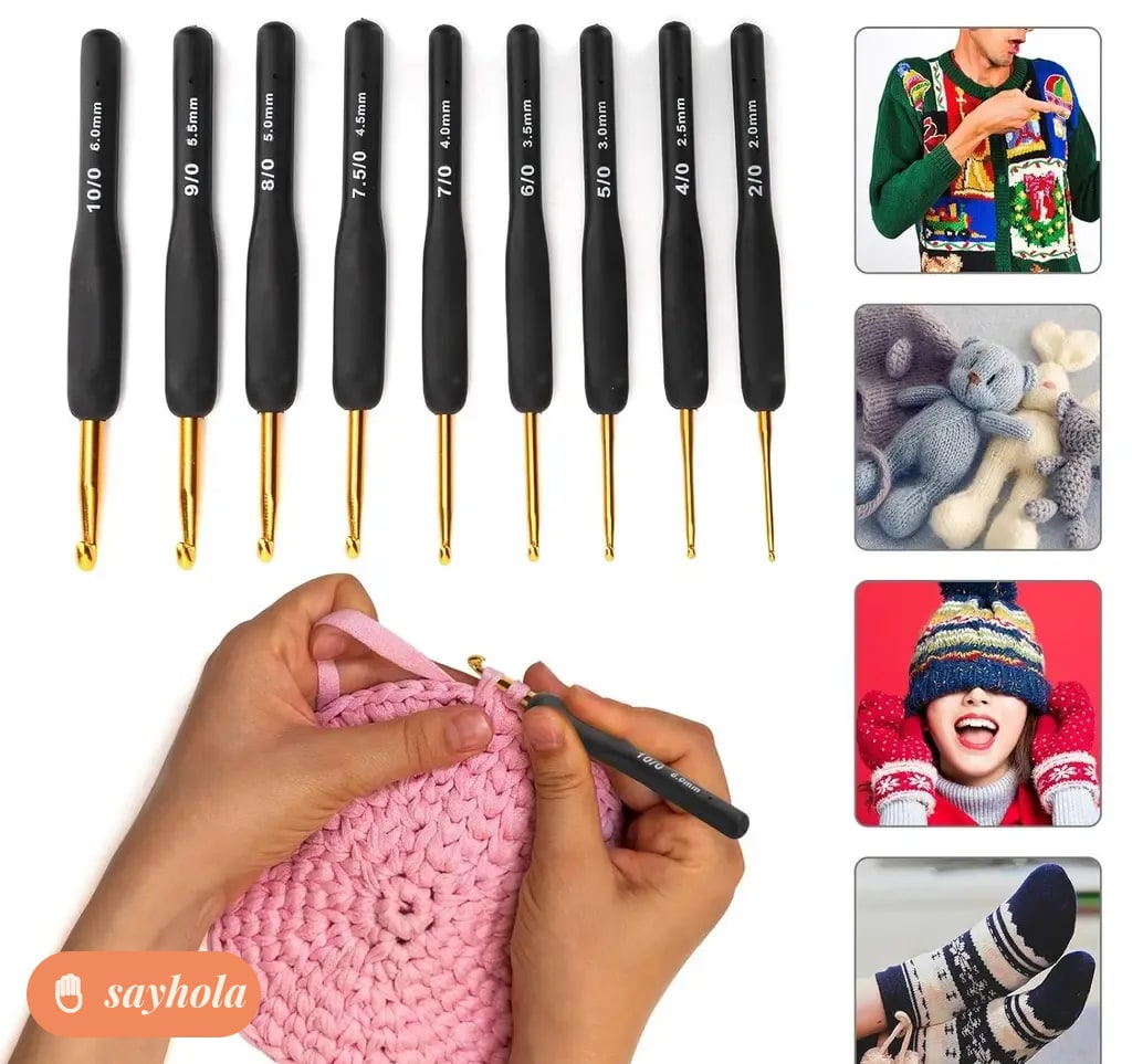 set of 9 aluminum crochet hooks with soft handles