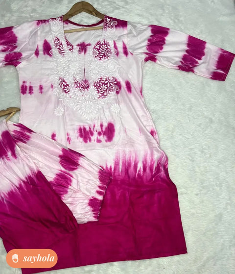 pink rayon embroidered tie dye kurti palazzo set