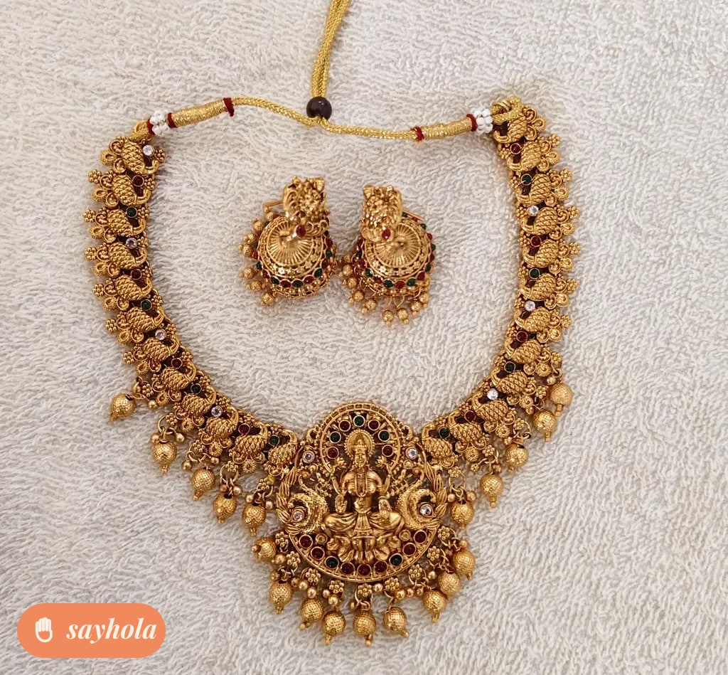 laxshmi temple design gold plated necklace set