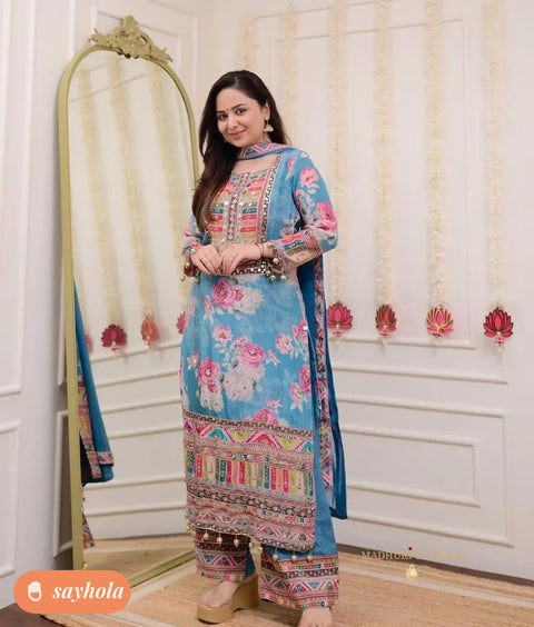 women's aqua blue cotton silk kurta pant dupatta set