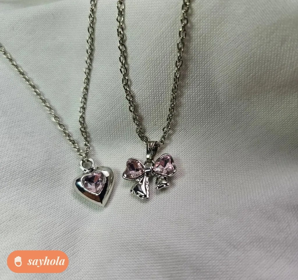 silver chain combo with pink ribbon and heart pendants