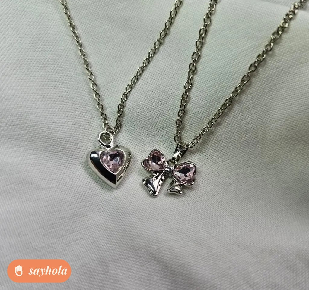 silver chain combo with pink ribbon and heart pendants