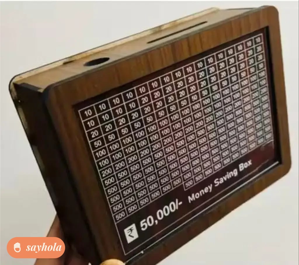wooden piggy bank with savings tracker