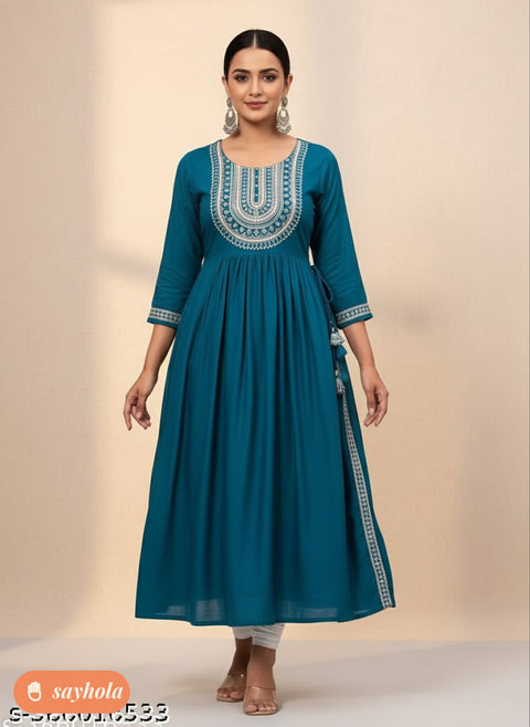 embroidered rayon kurta with three-quarter sleeves