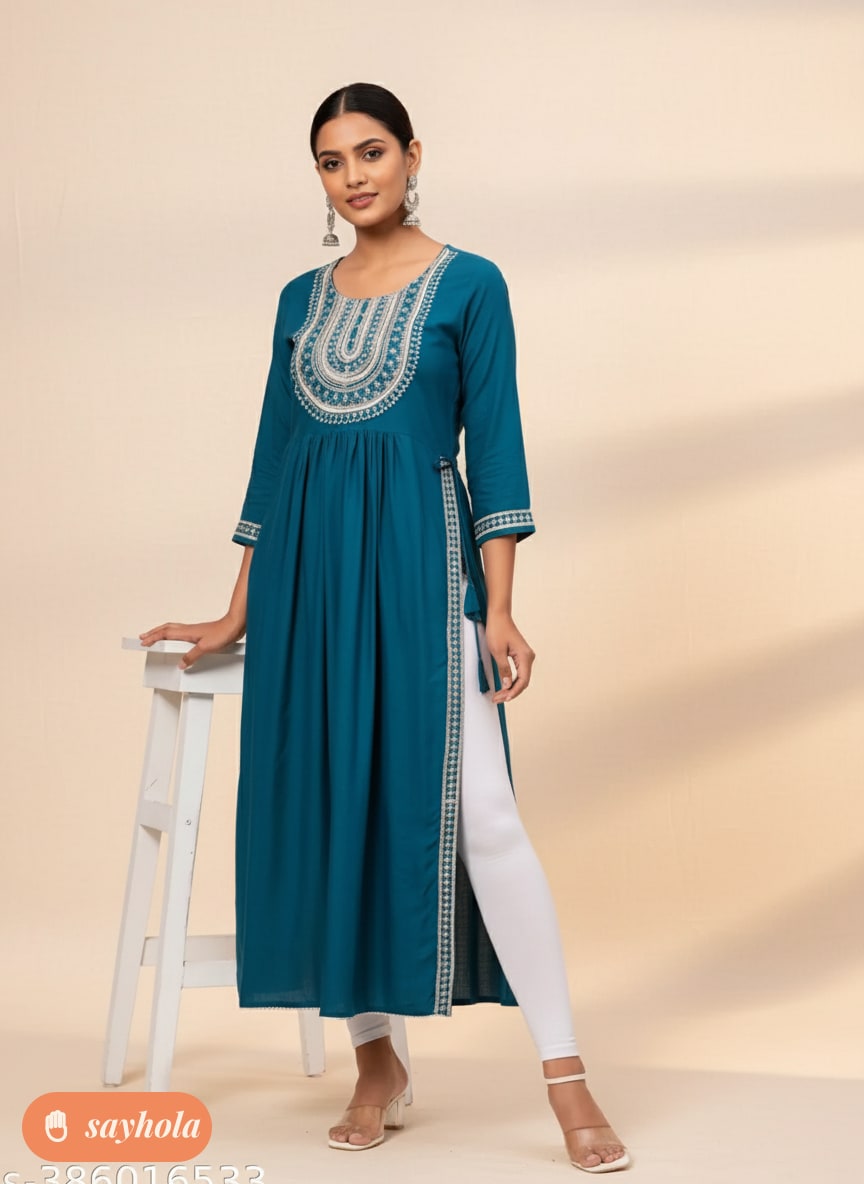 embroidered rayon kurta with three-quarter sleeves