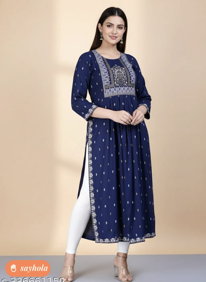 women's navy blue printed rayon naira cut kurta