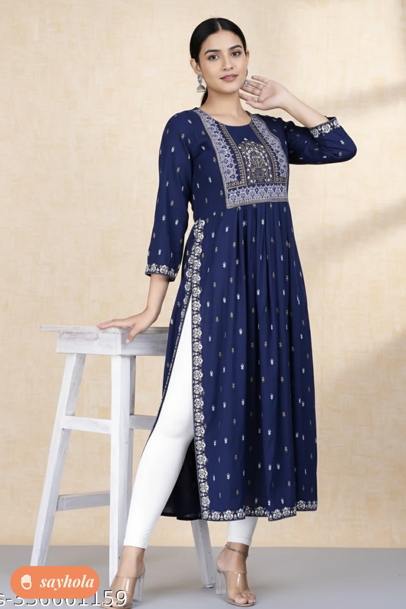 women's navy blue printed rayon naira cut kurta