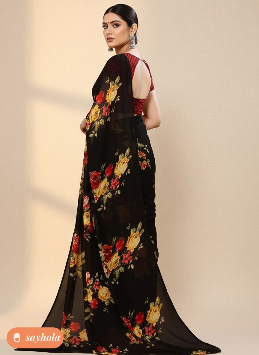 georgette floral printed saree with blouse piece
