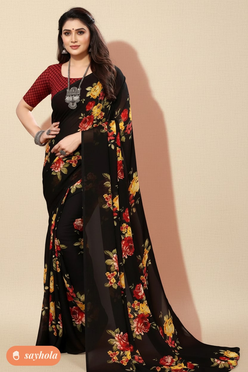 georgette floral printed saree with blouse piece