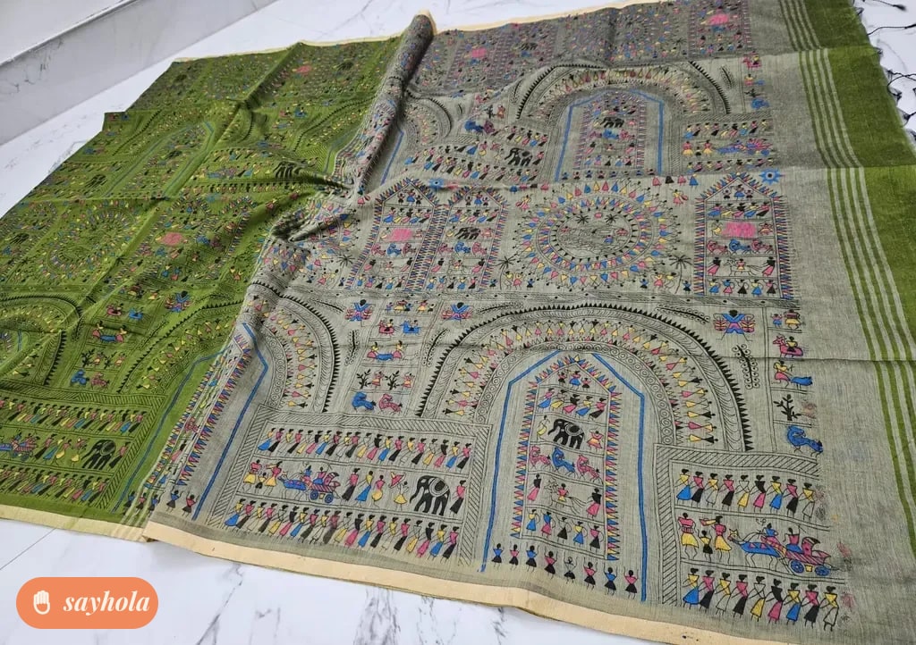 cotton silk saree with madhubani print
