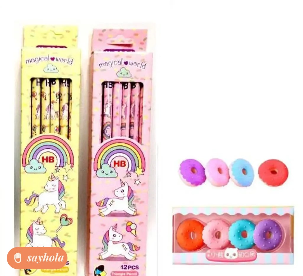 set of 12 hb wooden pencils with sharpener and dessert erasers