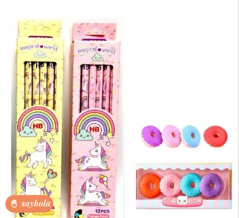 set of 12 hb wooden pencils with sharpener and dessert erasers