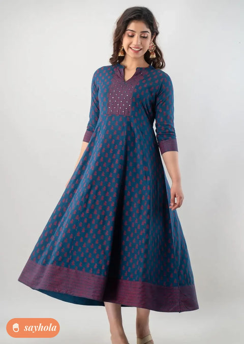 printed rayon anarkali kurta with three-quarter sleeves