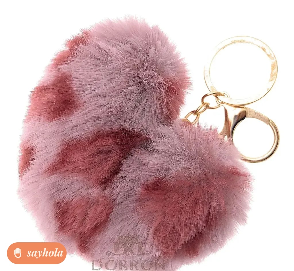 faux fur pom pom heart keychain in rose leopard print