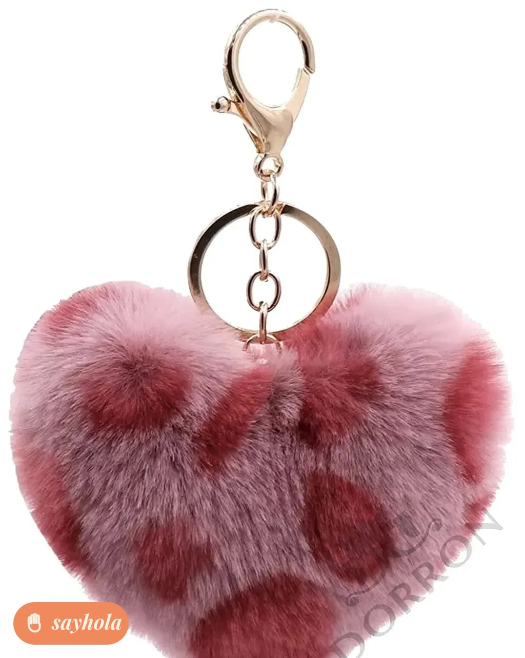faux fur pom pom heart keychain in rose leopard print