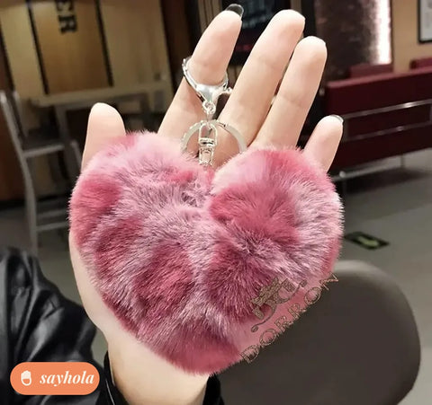 faux fur pom pom heart keychain in rose leopard print