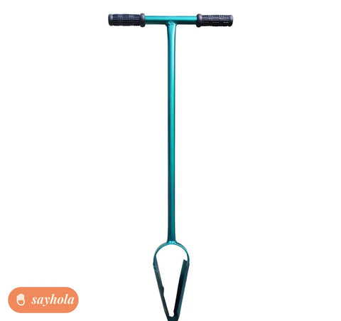 compact teal iron gardening tool