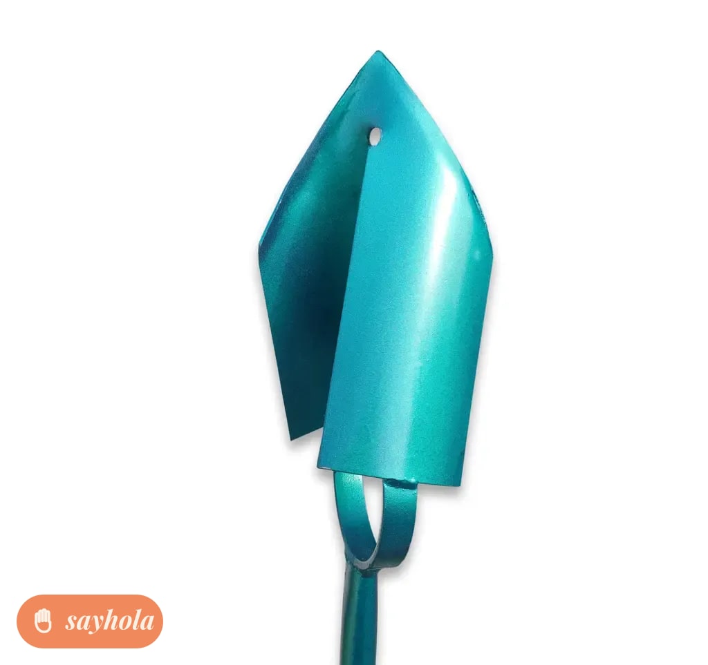 compact teal iron gardening tool