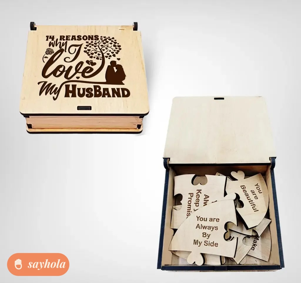 wooden puzzle box with 14 heart shaped pieces