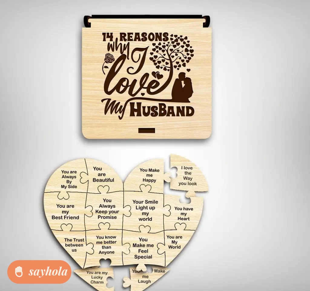 wooden puzzle box with 14 heart shaped pieces