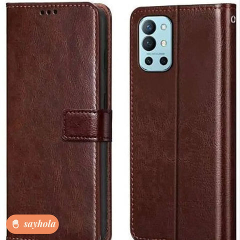 leather finish flip cover for oneplus 9r in brown
