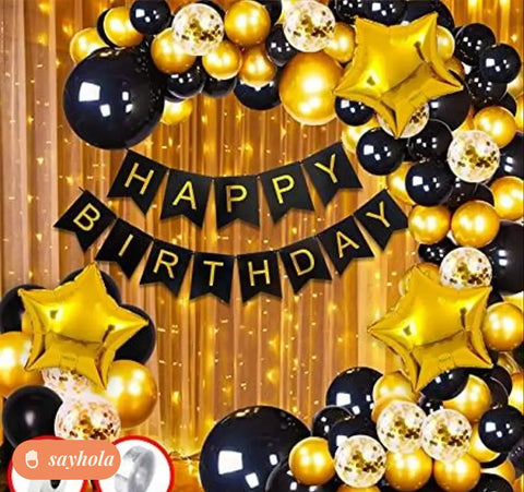 happy birthday party decor combo in black and gold