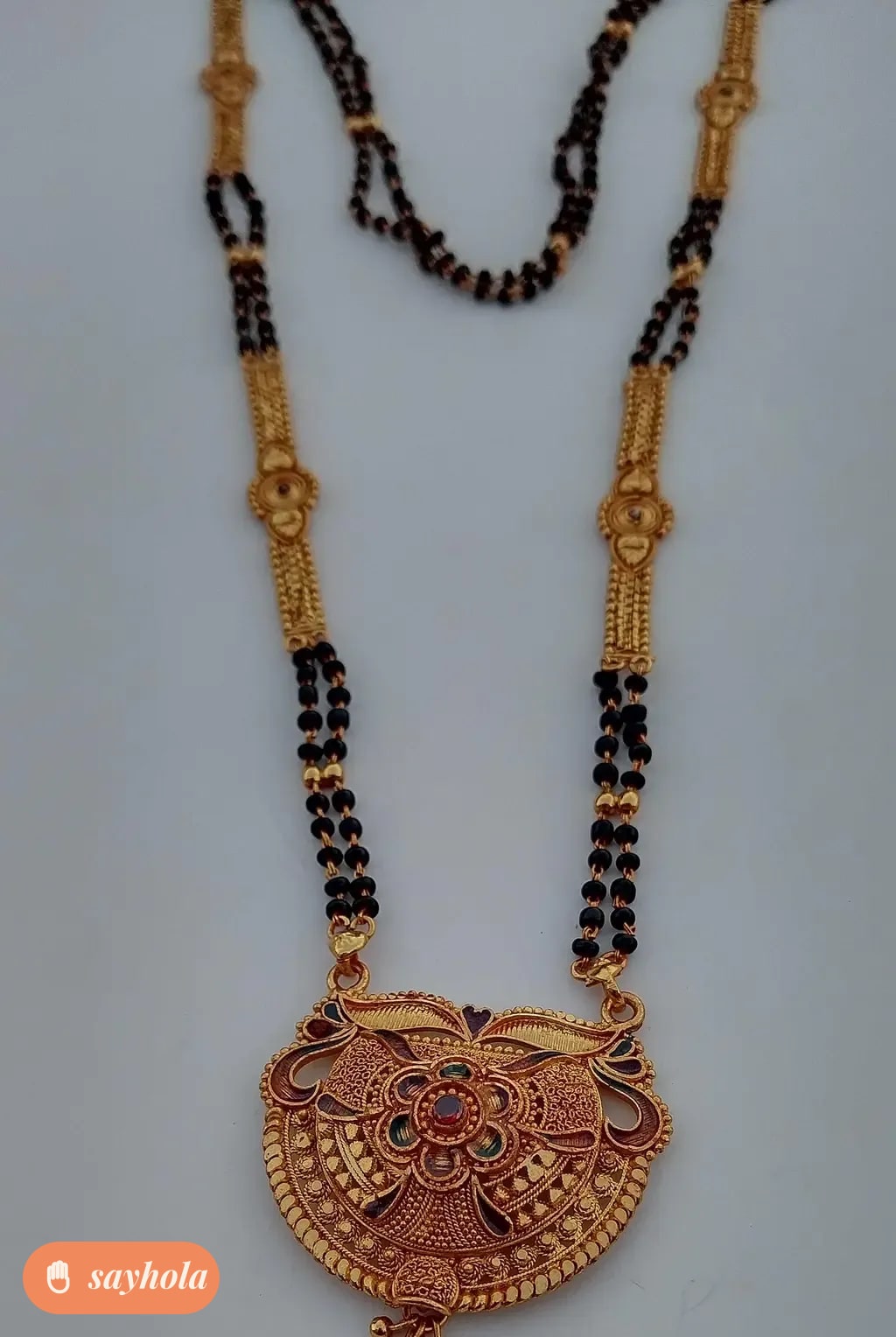 gold plated big pendant mangalsutra with black beads
