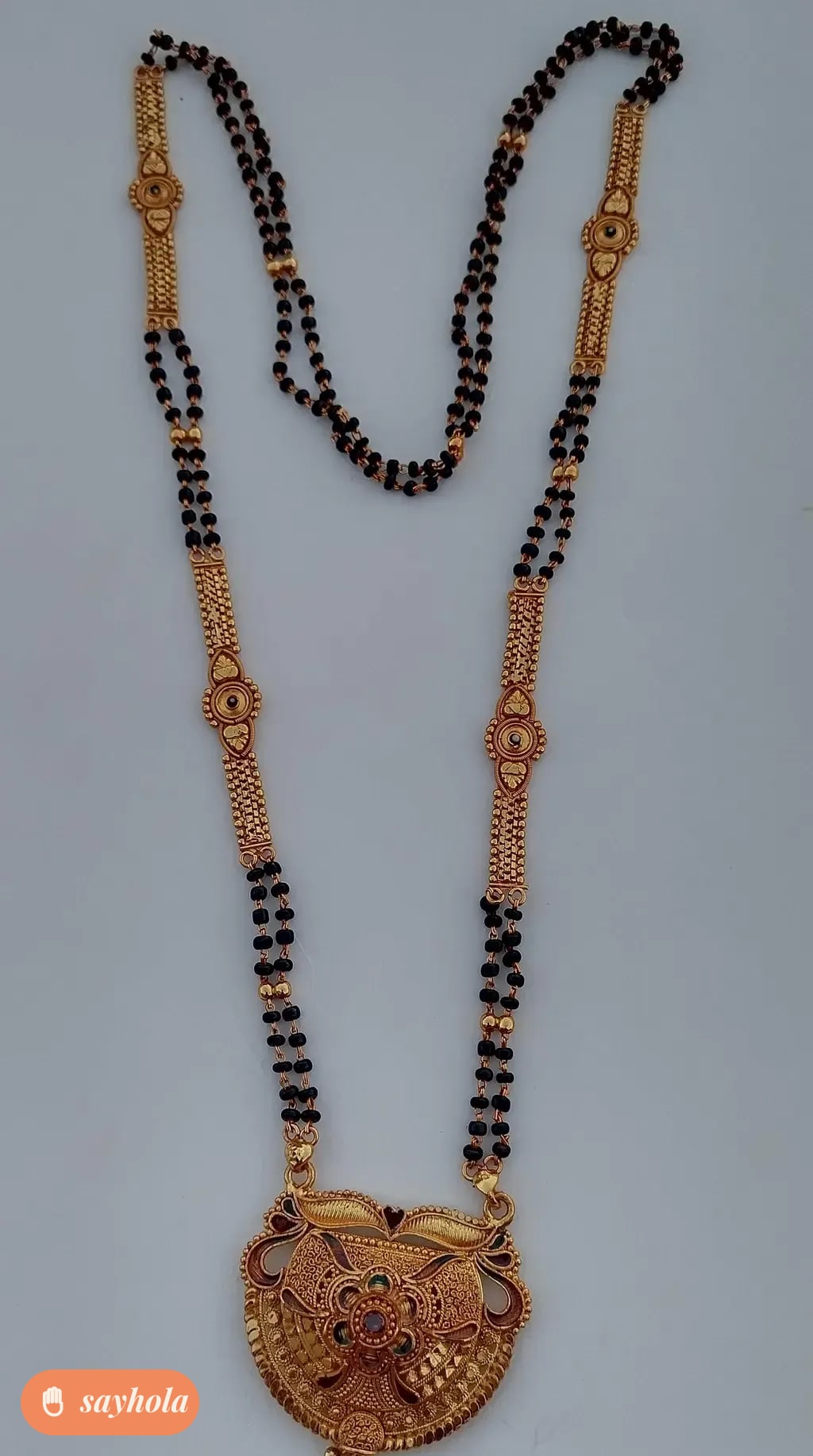 gold plated big pendant mangalsutra with black beads